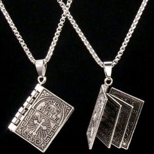 Holy Bible Book Pendant Necklace - Silver Tone